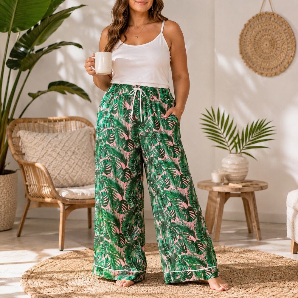 Hello Mello Aloha Bed Satin Lounge Pajama Pants XXL Pink Green Tropical Palm